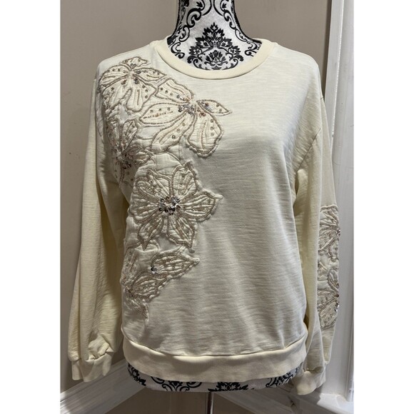 Anthropologie Floral Embroidery/Beaded Sweatshirt Womens S Beige Shimmer Holiday - Picture 2 of 14